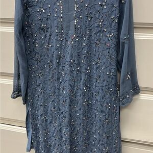 Embroidered Long Sleeve Blue Dress